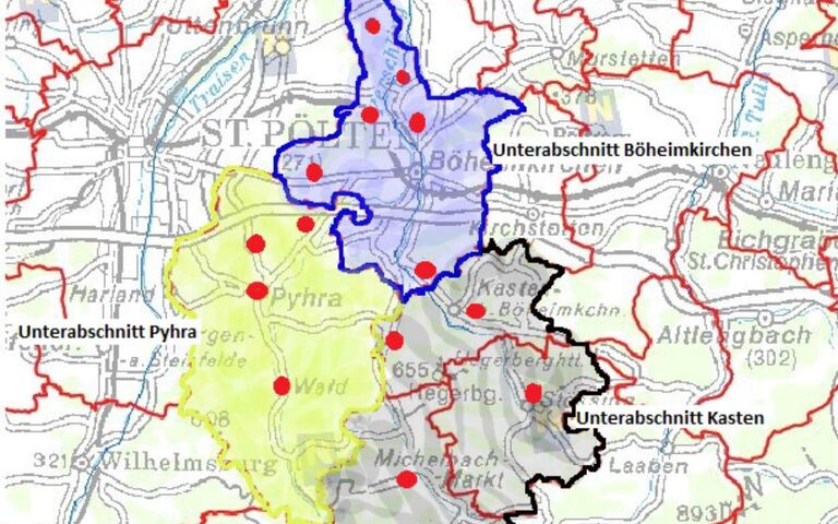 Abschnitt St. Pölten-Ost Landkarte mit verschiedenfarbig hinterlegten Gebietsumrissen der Unterabschnitte